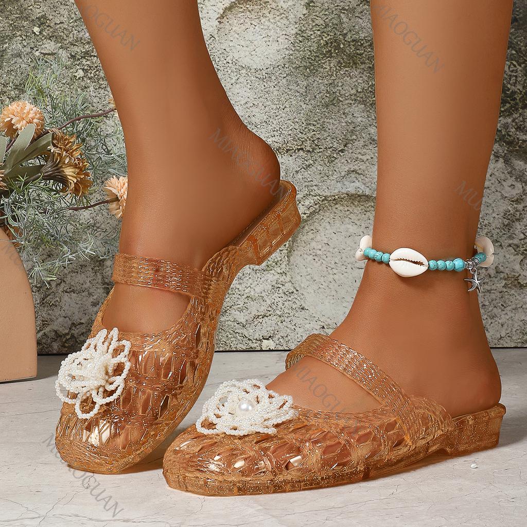 Fashion Transparent Fashion PVC Jelly Sandal Slippers Summer Shoes for Women Casual Crystal Hollow Slides Thick Low Heel Baotou Slipper