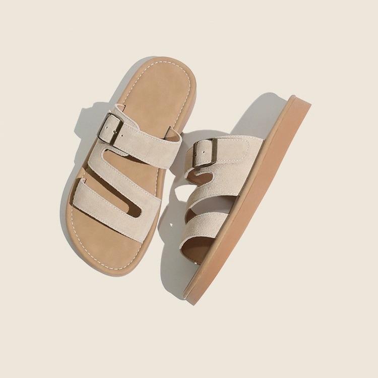 Soft-faced Flat-bottomed Slippers for Women's Summer Outer Wear 2025 New Versatile Belt Buckle Leather Casual Non-slip Soft-bottomed Sandals