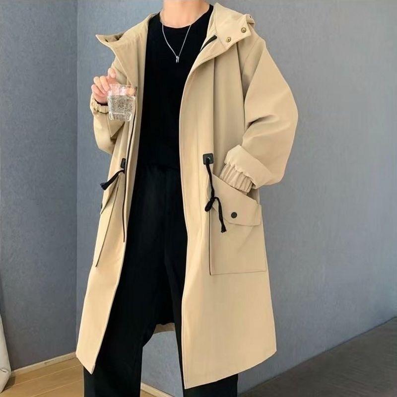 Zippered Long-sleeve Coat for Men Streetwear Men's Trench Coat with Hood Mid-length Big Pockets Windproof Anti-wrinkle Zipper
