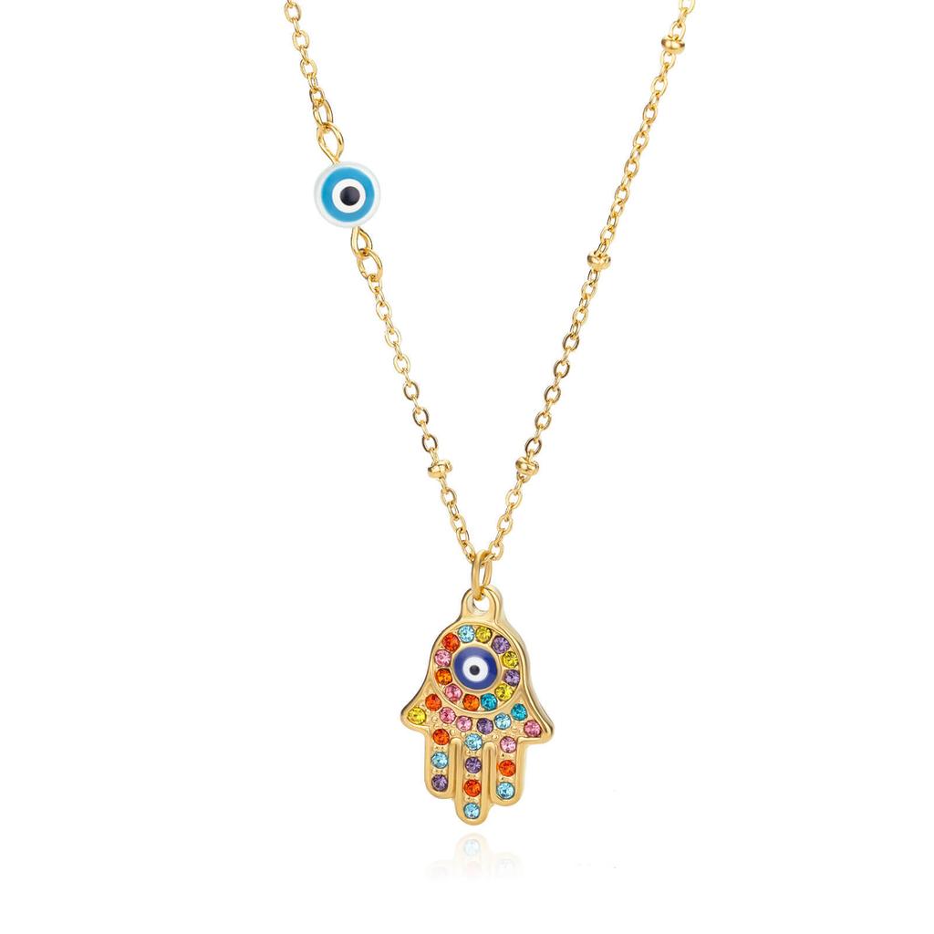 Personality Fashion The Eye of The Devil Fatima's Palm Colorful Zircon Pendant Necklace for Women Men Friend Amulet Jewelry Gift