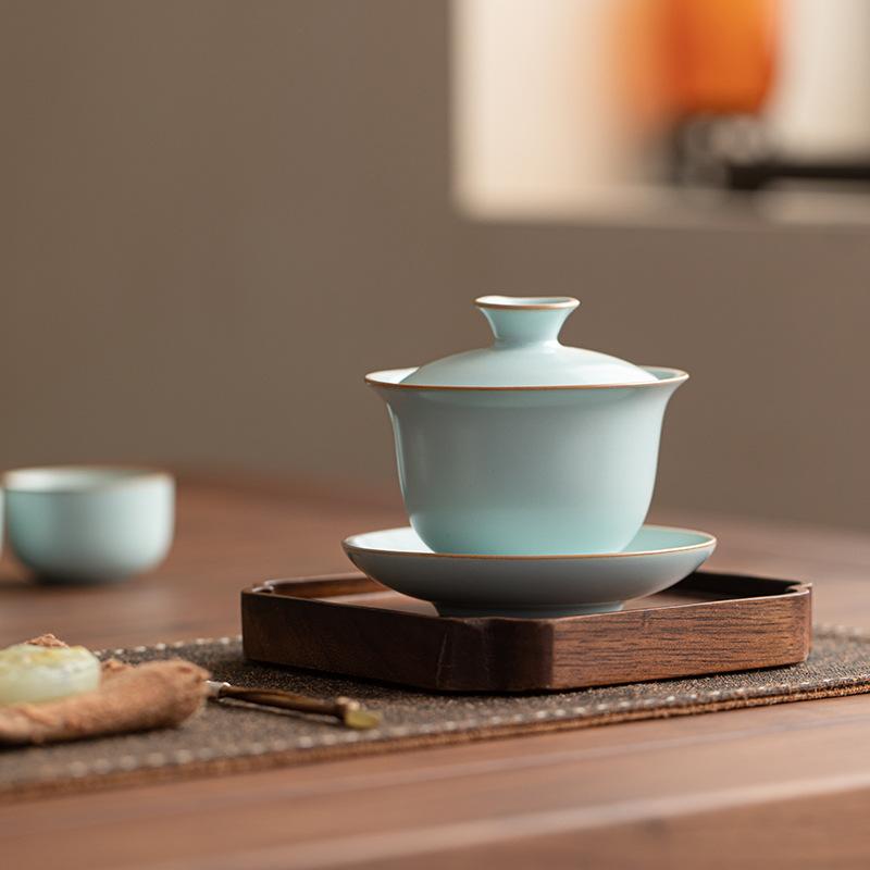 Tianqing Ru Kiln Sancai Cover Bowl Teacup Single Anti-scalding Belt Cover Tea Three-piece Tea Set Tea Set Not Hot for Household Use