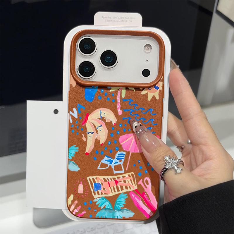 For iPhone 17 Pro Max Case Luxury Cartoon Vacation Painting Leather Texture Silicone Cover For iPhone 16 Pro Max 15 14 13 12 11 16E Air