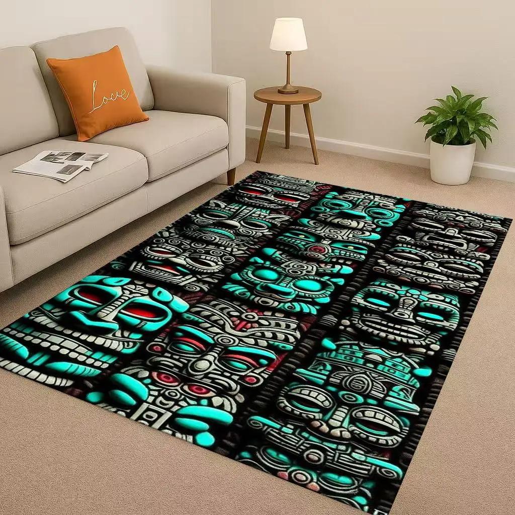 Retro Aztec Totem Maya Mask Sun God Living Room Non-Slip Area Rug Soft Carpet For Bedroom Sofa , Easy Clean Home Doormat Playmat