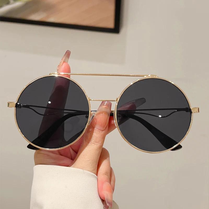 Vintage Round Sunglasses Men  New In Fashion Double Bridge Mirror Shades Women Trendy Retro Brand Design Sun Glasses