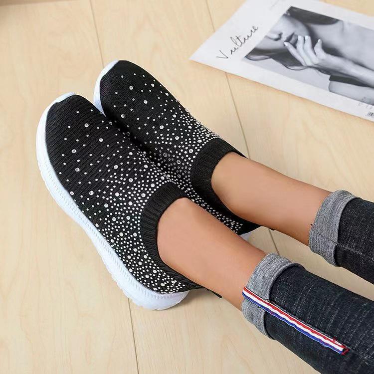 2022 Plus Size Rhinestone Slip-On Fly-Knit Mesh Women's Casual Shoes