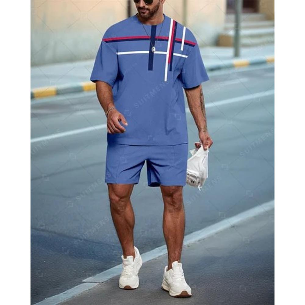 

Fashion Gradual Change Printed Short-sleeved Shorts Two-piece Set Sports Casual Men s Suit Plaid Stripes Unisex Sports Clothing 6XL