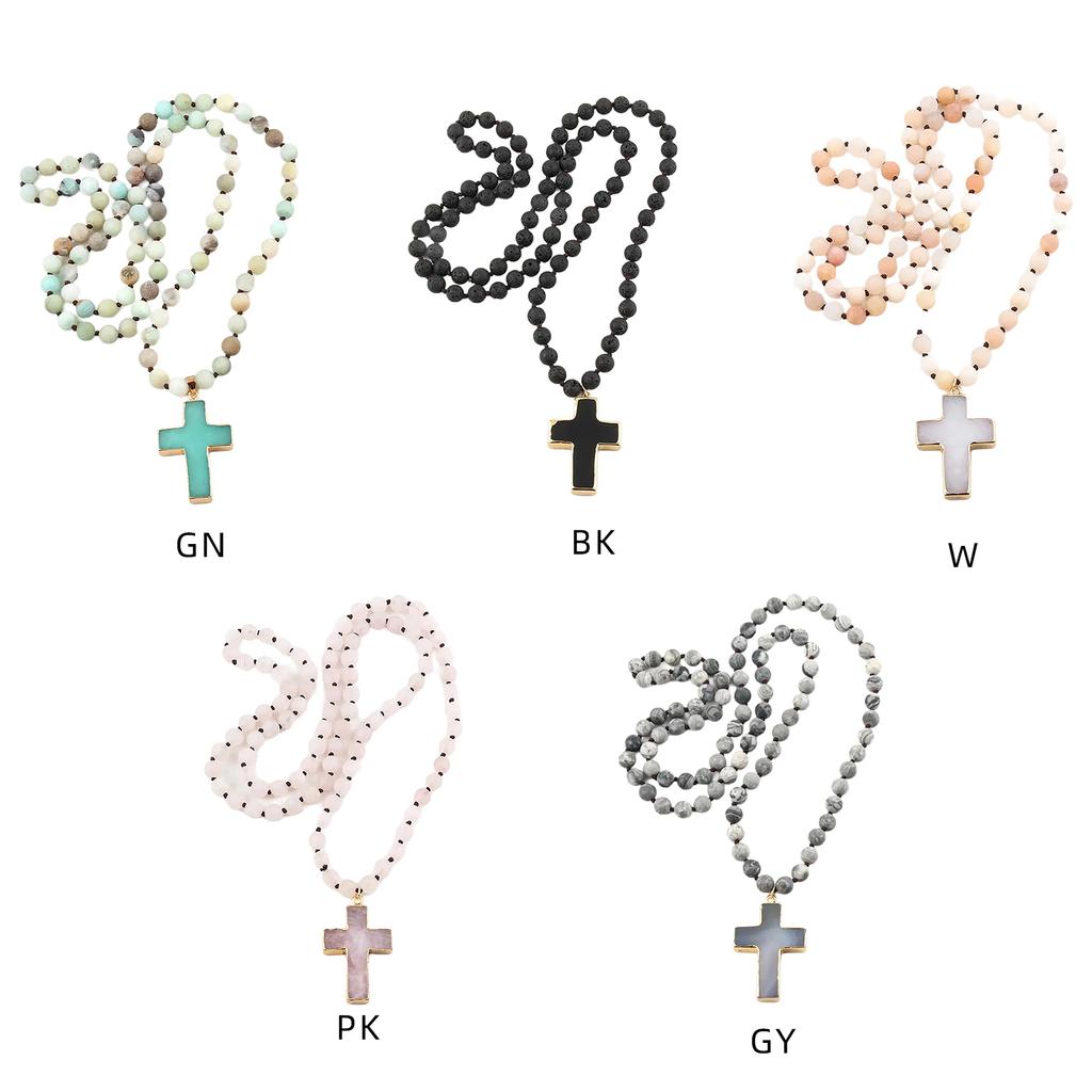 Ethnische Stil Schlüsselbein Kette 8mm Mattierter Natürlicher Stein Kruzifix Anhänger Halskette Verstellbare Länge Halskette für Damen