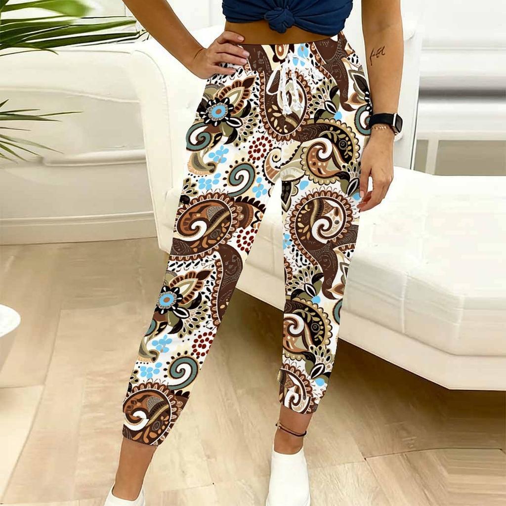 Pantaloni della tuta da donna estivi con stampa a fantasia vintage, vestibilità larga, con coulisse, polsini elasticizzati, pantaloni casual da giorno