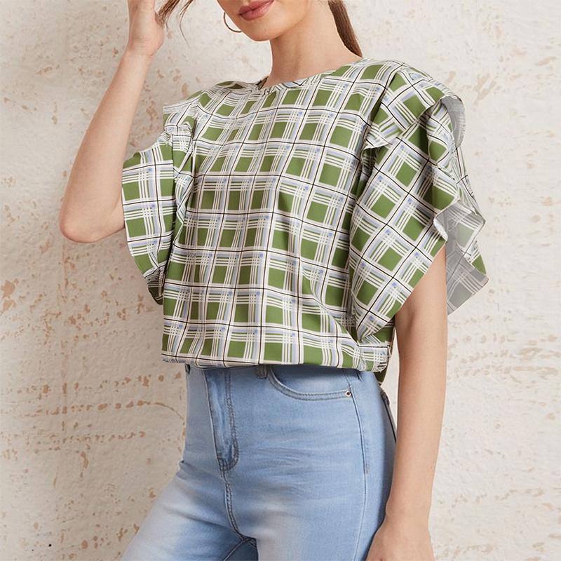 ZANZEA Women Summer Ruffles Sleeve Loose Casual Plaid Print Blouse