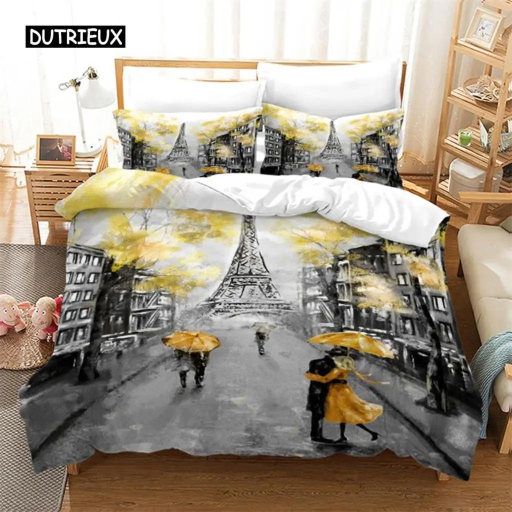 

Eiffel Tower Duvet Cover Romantic Couple Flower King Microfiber Bedding Set Paris Cityscape for Teen 70x133cm 2pcs