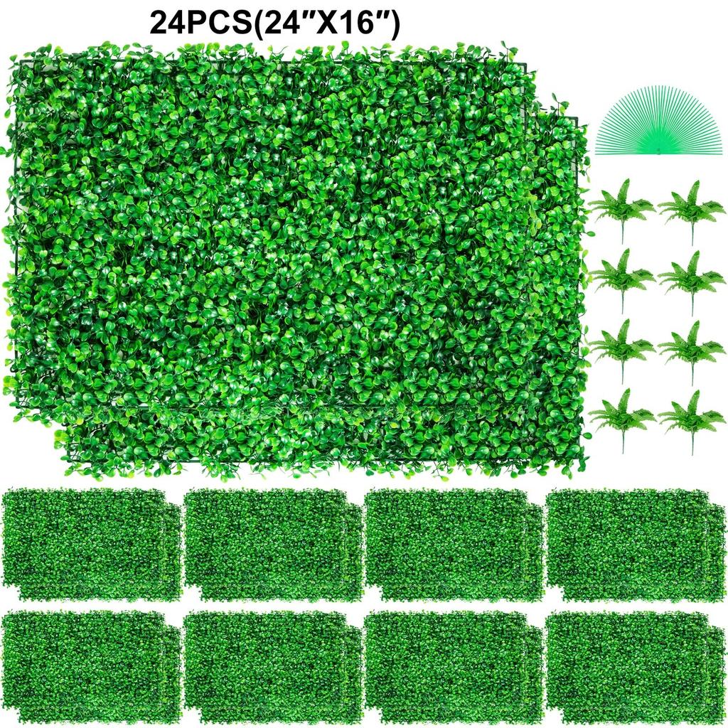 Artificial Boxwood Panel 24" X 16" UV 24pcs Boxwood Hedge Wall Panels Artificial Grass Backdrop Wall 4 cm Green Grass Wall, Fake Hedge for Decor