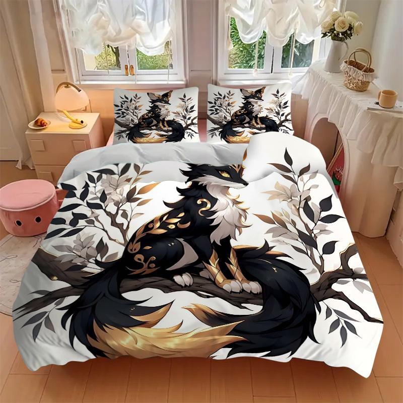 3pcs Black Cool Fox Bedding Set Includes Quilt Cover and Pillowcases, Suitable for All Seasons L006