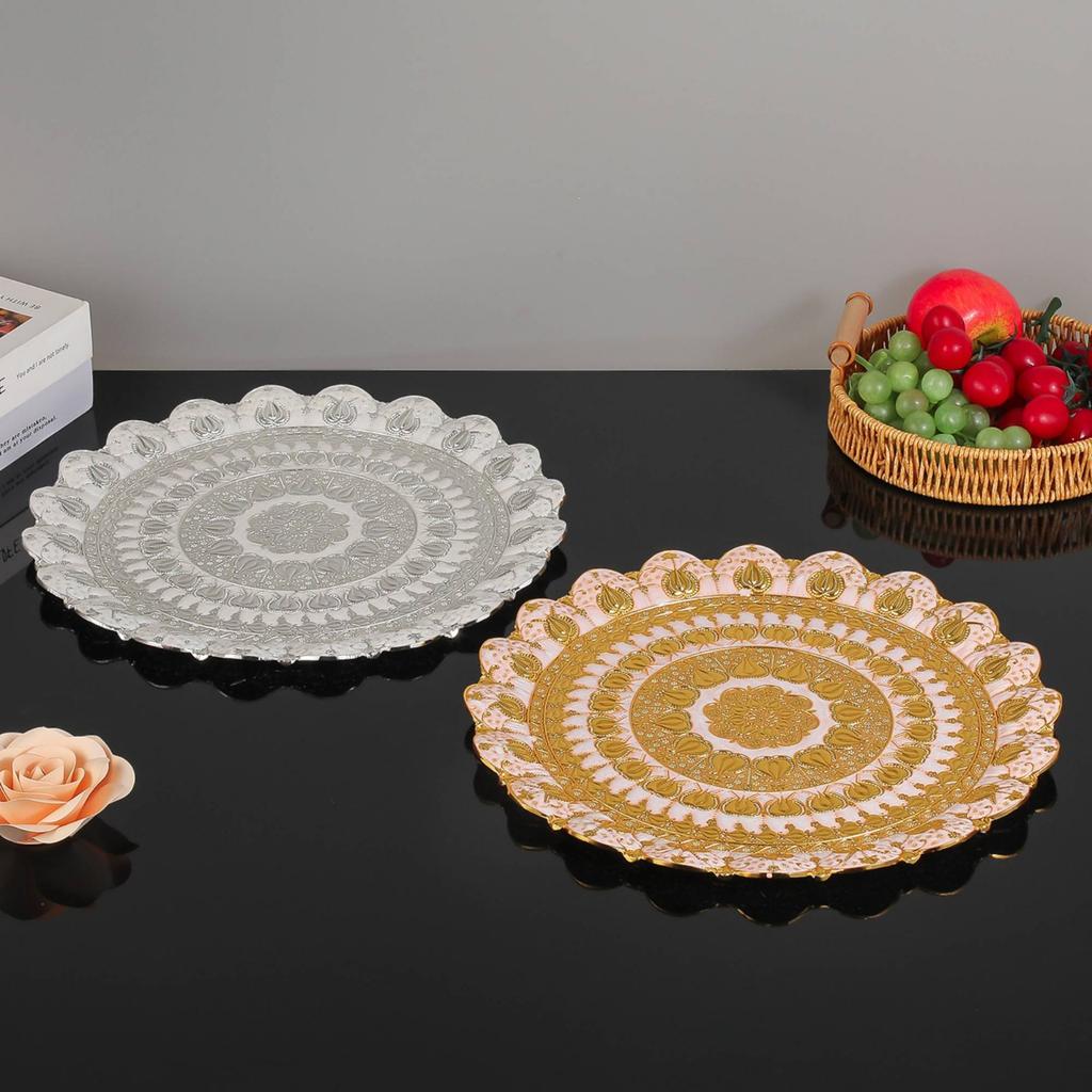 Gold Round Tray European Design Round Serving Tray Ornate Fruit Plate High-Luster Finish Table Decor Antique Look for Party