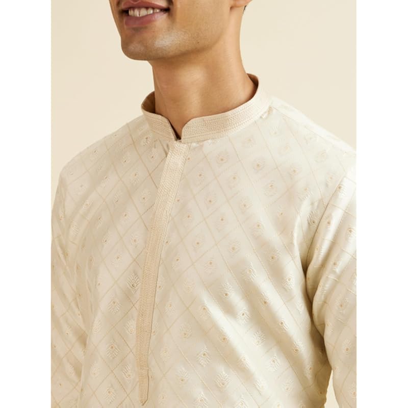Manyavar Men's Art Silk Jacquard Embroidered Kurta Pyjama Set (Cream,XL)