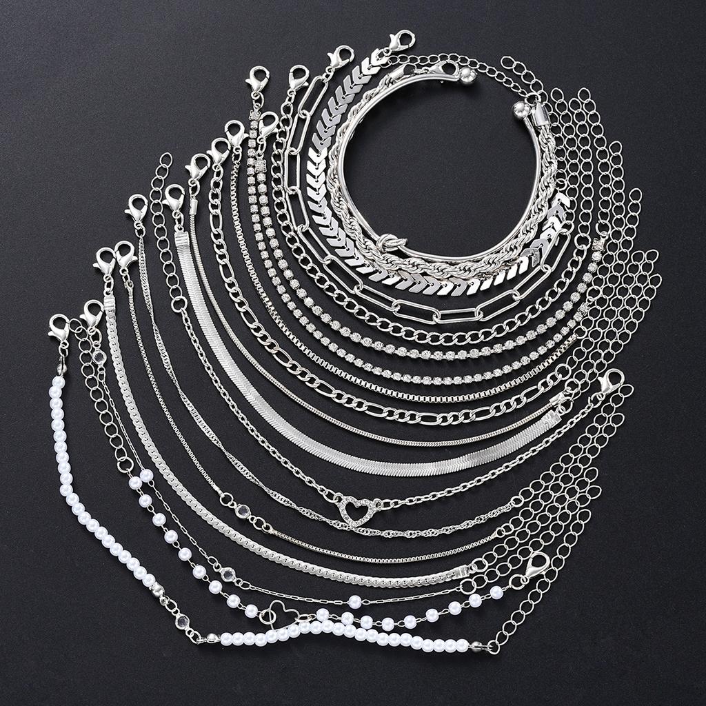 Set da 18 Pezzi Braccialetti Nodo in Cristallo Colore Argento per Donne Vintage Cuore Perla Sintetica Intrecciato Serpente Braccialetti Gioielli