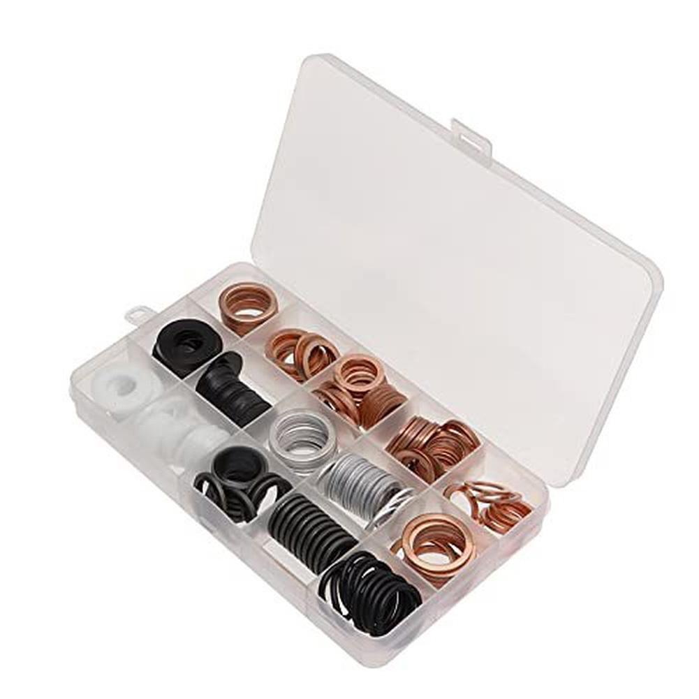 Boxed set of 190 copper mixed gaskets designed for automotive marine and household appliance sealing applications