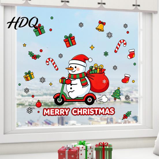 Decorative Glass Stickers Cute Snowman Scooter Christmas Static Window Cling Cartoon Merry Indoor Outdoor Holiday Decor Decal Waterproof Sticker for