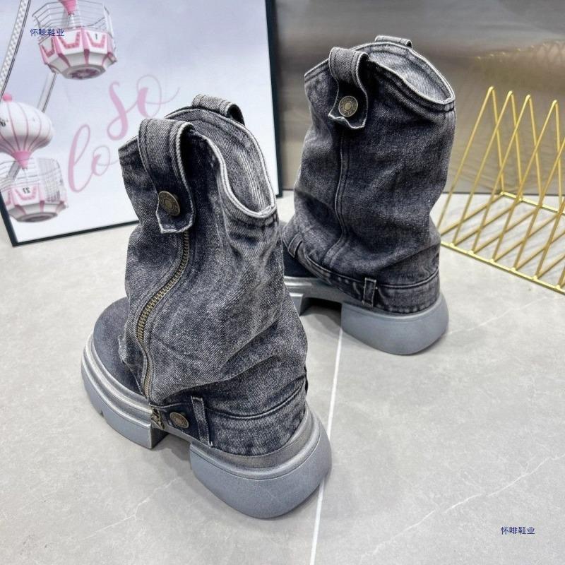 Women's Round Head Cowboy Boots Fashion Thick Sole Side Zipper Women's Casual Ankle Boots Trendy Classic Cowboy Platform Boots