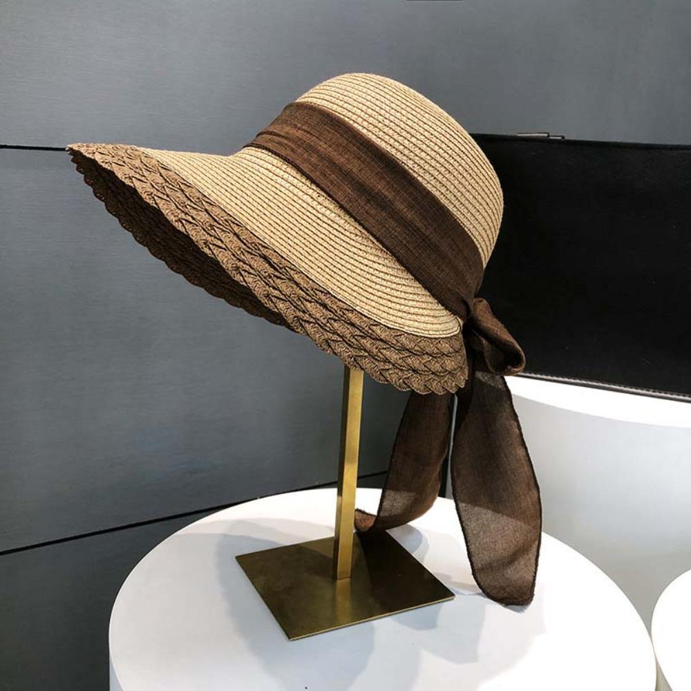 Hollow Out Big Brimmed Woven Cap Portable Bow Fisherman Cap Straw Weaving Beach Hat  Spring