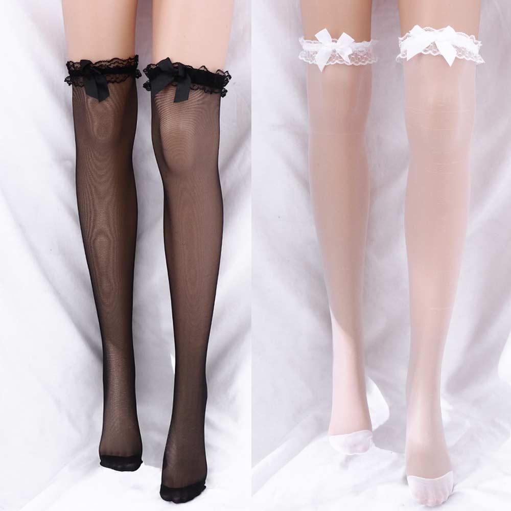 Breathable Transparent Lace Elastic Korean Style Bow Stockings High Knee Socks Polyester Hosiery