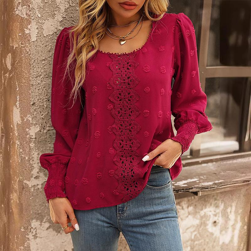 Damska koszulka z okrągłym dekoltem i bufiastymi rękawami, koronkowa, modna koszula o temperamencie