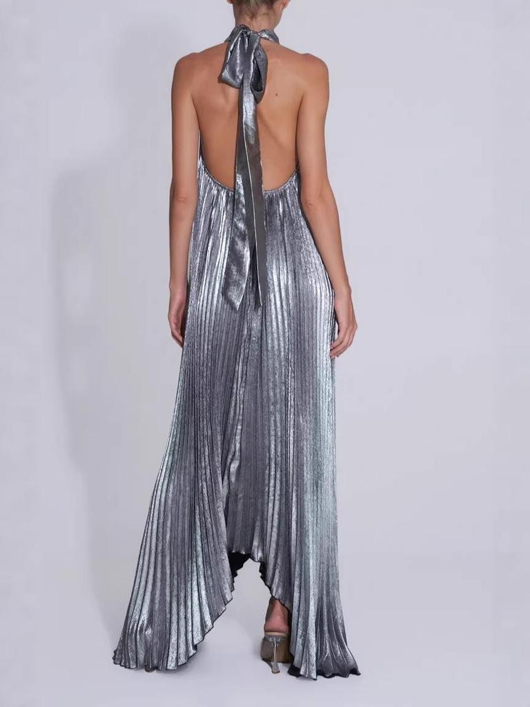 Schnürung Matt Metallic Ärmelloses Rückenfreies Kleid für Damen