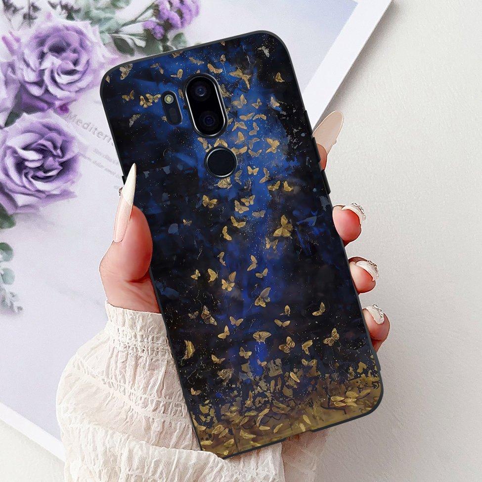 Para LG G7 ThinQ Funda Silicona Negra Gato Lindo Flores de Moda Trasera Pintada Genial Para LG G7ThinQ Funda de Teléfono LMG710EM