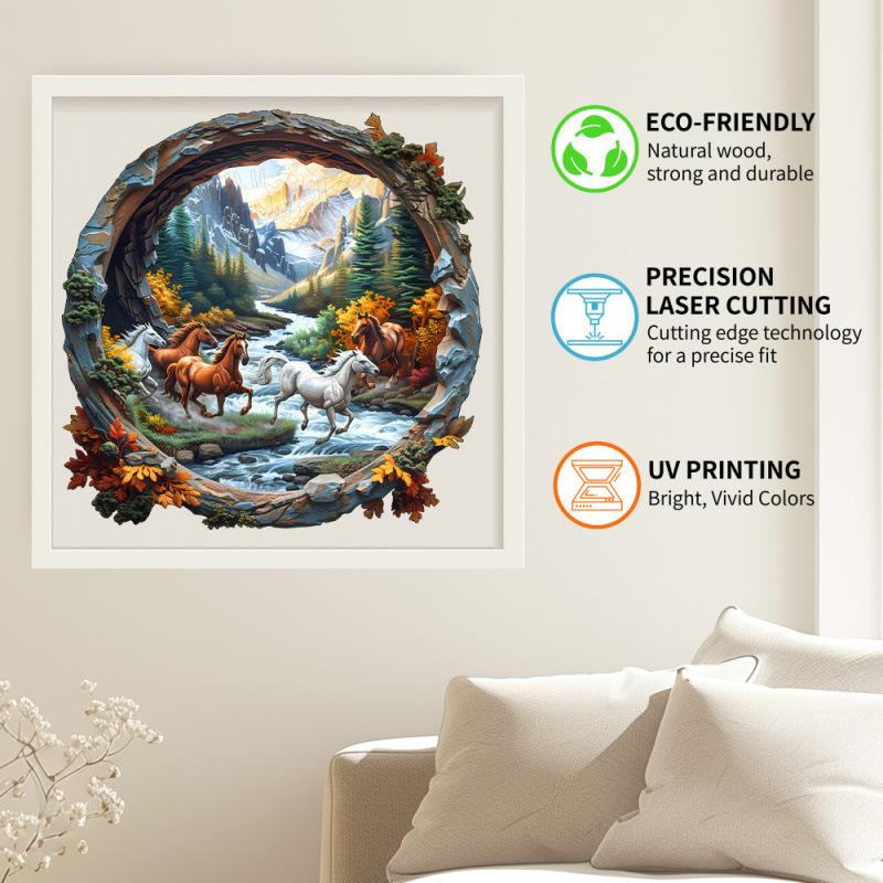 Horse Running In The Cave Wooden Puzzle Irregular Small Animal Pieces Flat Wooden Puzzle