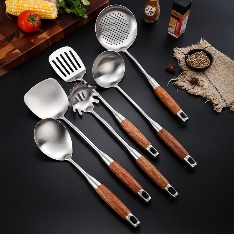 Rosewood Handle Stainless Steel Cookware Set Kitchen Durable Wok Spatula Colander Shovel Cooking Utensil Kitchenware Accessories