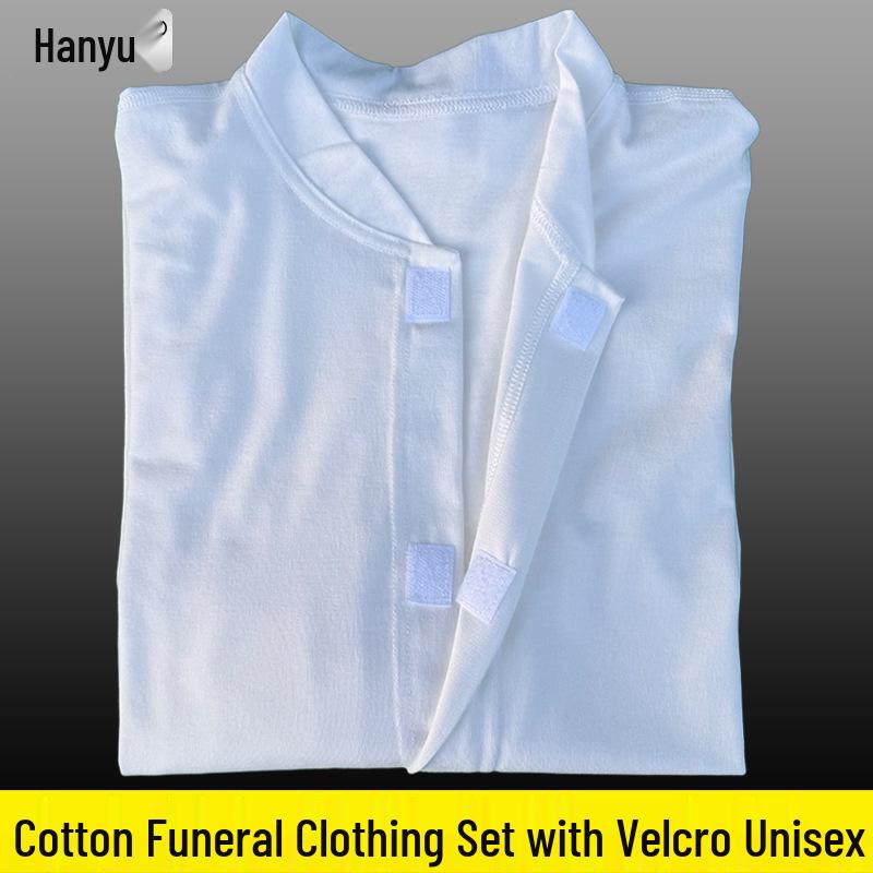Unisex White Pure Cotton Funeral Attire Set: Fine Workmanship Velcro Underwear & Autumn Pants Pure Cotton Open-Front Velcro [Set] Unisex