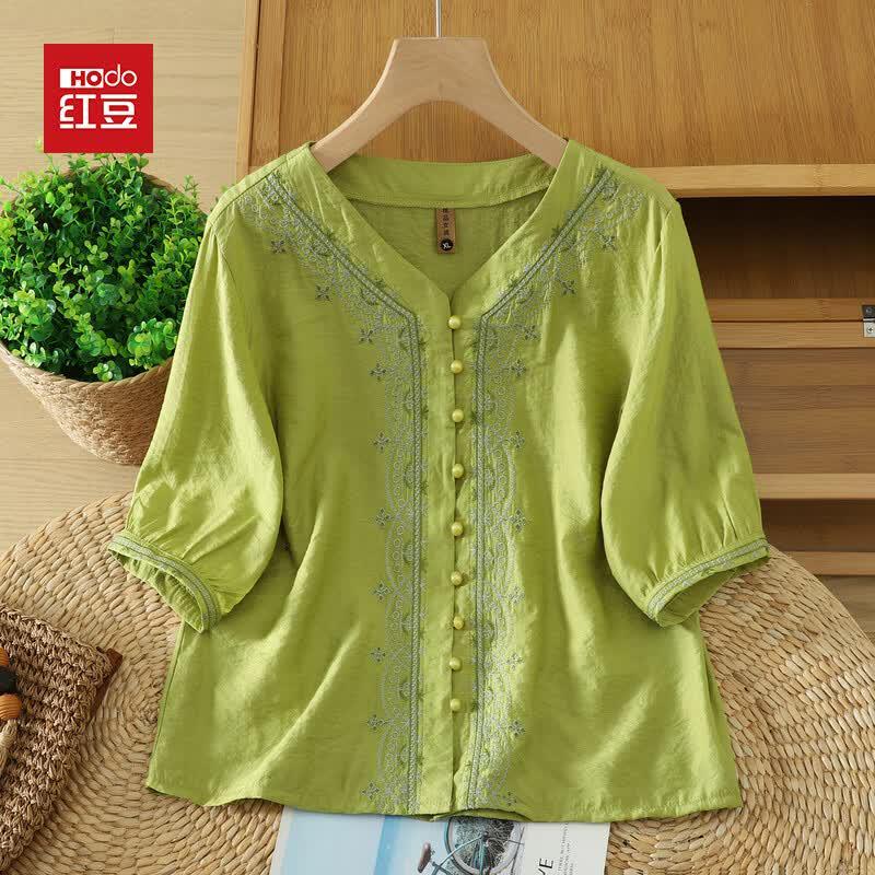 Hodo Women s Embroidered V-Neck Short-Sleeve Top XL