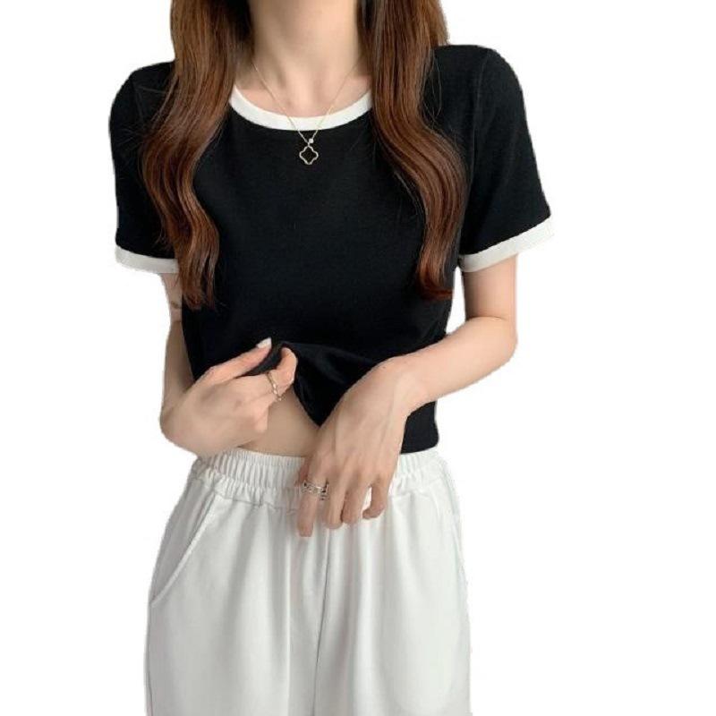 Contrast Color Round Neck Short-sleeved T-shirt for Women In Summer New Student Base Shirt Korean Slim Short Top for Women