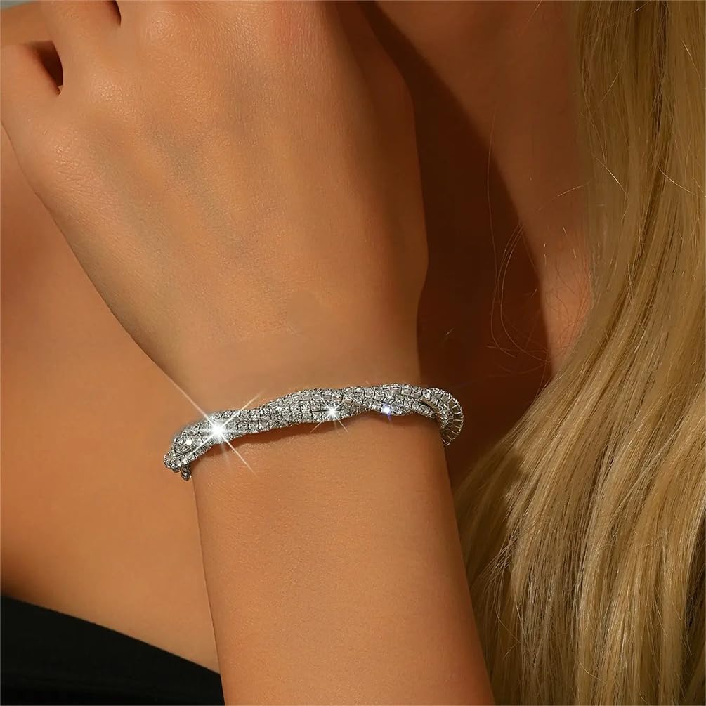 Bling Silver Rhinestone Stretch Tennis Gold Bracelet for Women Jewelry Gift