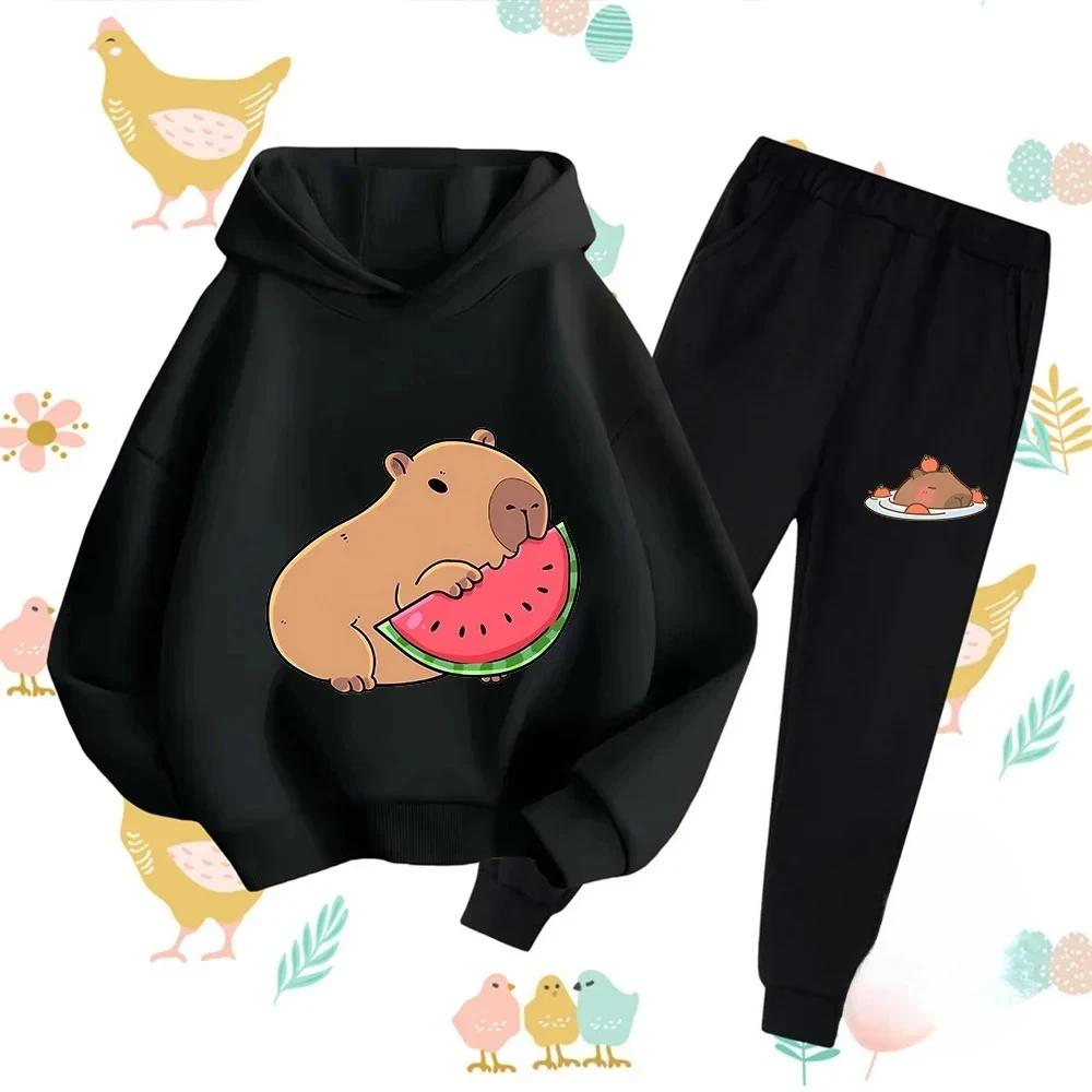 Autumn Winter New Capybara Cartoon Print Outfit Kids Hoodie Set Boys Girls 3-17 Casual Fashion Children's Set Trousers Pant Suit