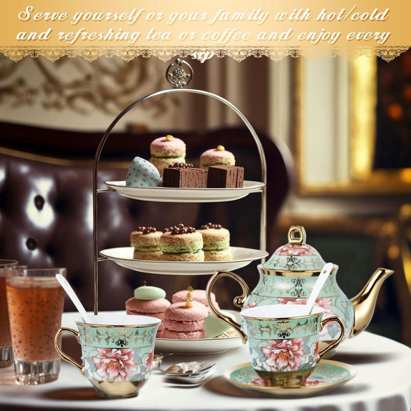 20 Pcs Porcelain Tea Set with Metal Holder and Spoon Adult Ceramic Tea Party Set European Flower Painting Teapot Cup Saucer