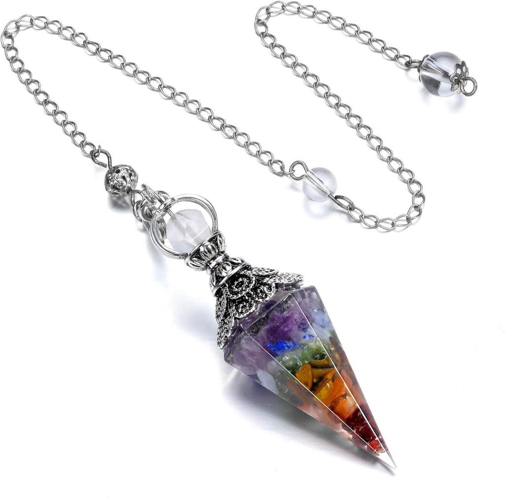 Antique Silver Seven Chakra Crystal Resin Pendulum with Semi-Precious Chips Pendant