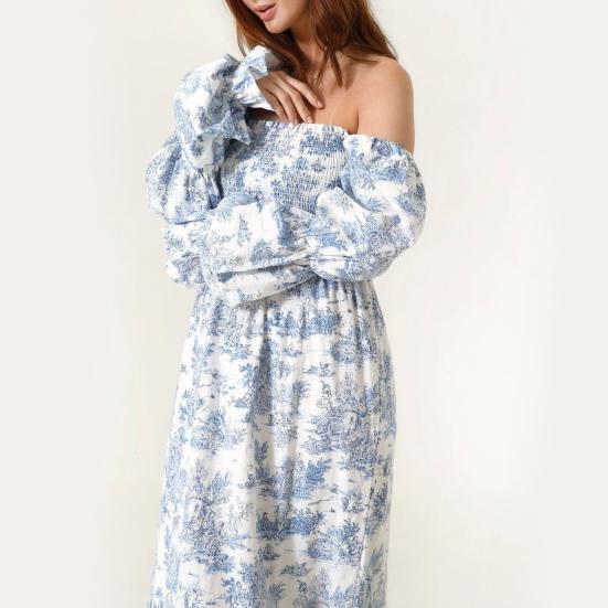 Damen schulterfreies Maxikleid lange Puffärmel eckiger Ausschnitt Boho fließendes Kleid Blumendruck gesmokte Taille langes Kleid