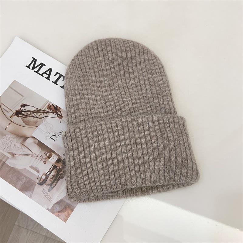 Angora Rabbit Hair Curled Brimless Wool Hat Women Autumn and Winter Warm Striped Fashion Knitted Pullover Cold Hat