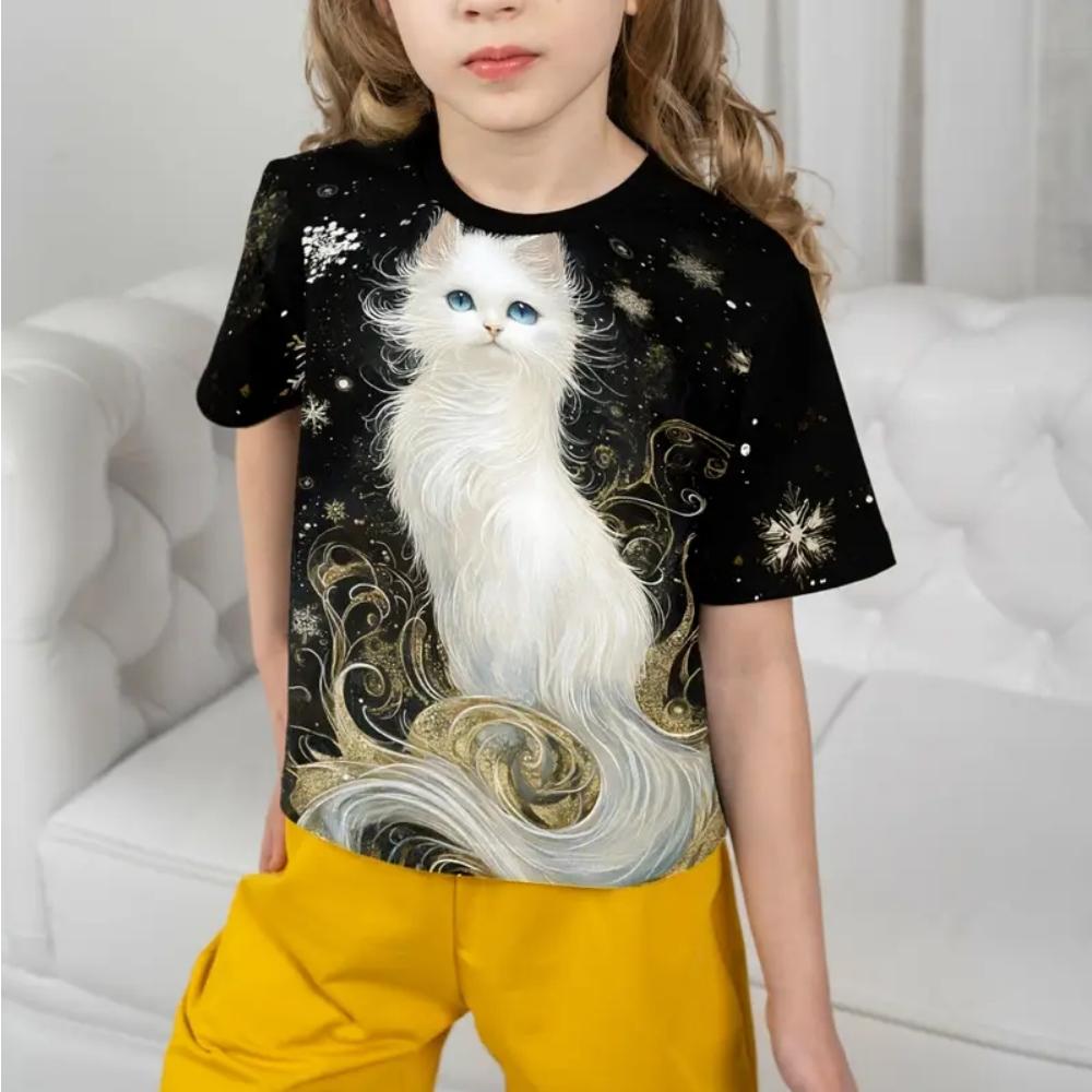 Kids Girls Clothes Print Cute Cat Graphic T Shirts Summer Fashions Casual Crew Neck Short Sleeves Streetwear T-Shirt for Girls