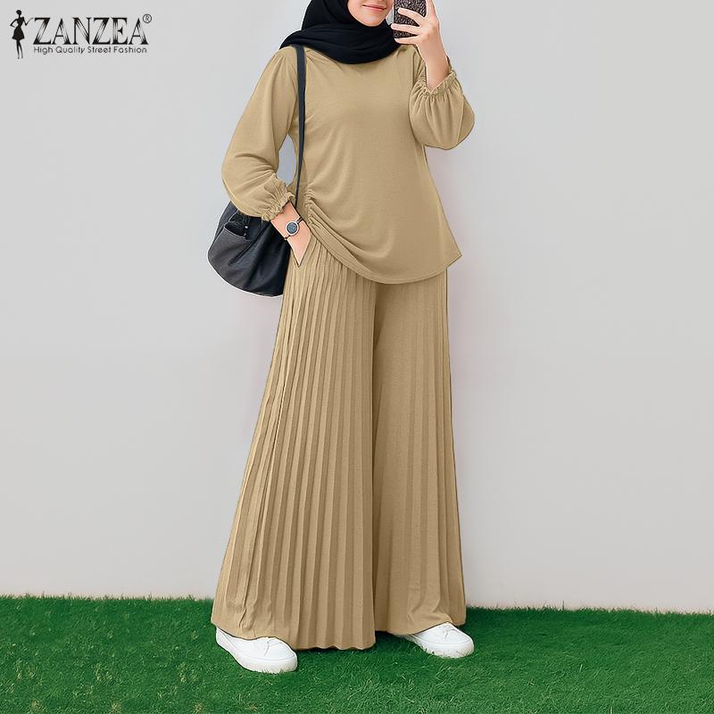 ZANZEA Women Long Sleeve Blouse and Pants Casual Two Piece Suit Set Muslim