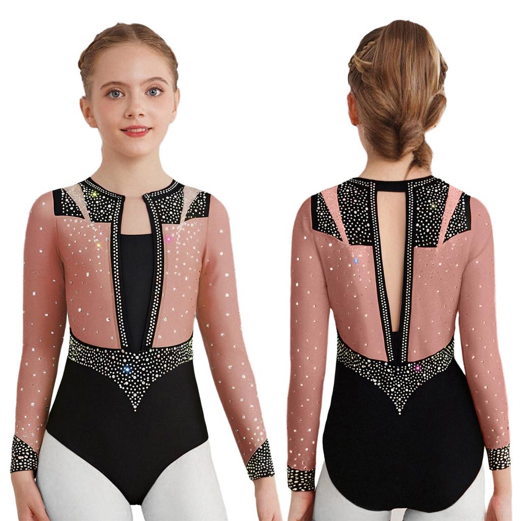 Jenter Scenekostyme - Rhinestone Leotard Langermet Nøkkelhullrygg for Kunstløp & Gymnastikk