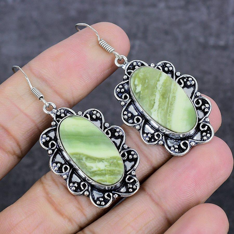 Swiss Green Opal Handmade 925 Sterling Silver Jewelry Earring 2.21" h9m34