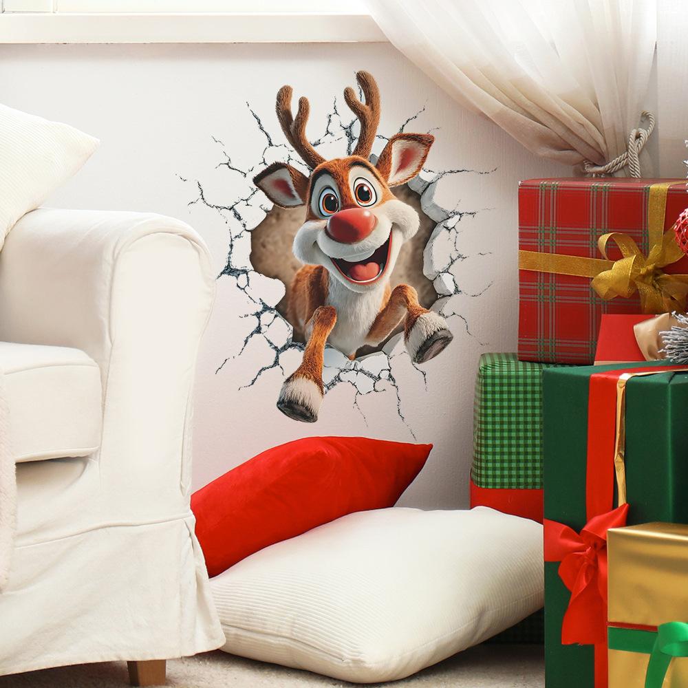 Christmas Atmosphere Breaks Through The Wall Cute Reindeer Living Room Entrance Hall Home Wall Decoration Stickers
