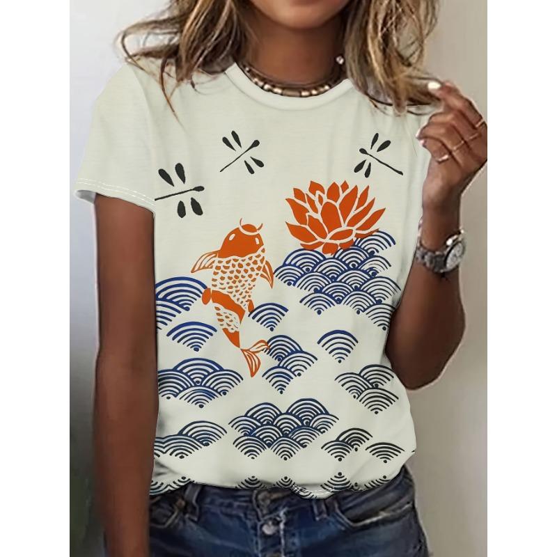 Camisetas de Verano con Estampado 3D de Peces Coloridos para Mujer Manga Corta Cuello Redondo Moda Casual Camisetas Harajuku Y2k Tops Ropa Femenina