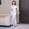 Elegant Off-the-Shoulder Evening Gown with High Slit - Nightclub Attire for Foot Bath Technicians