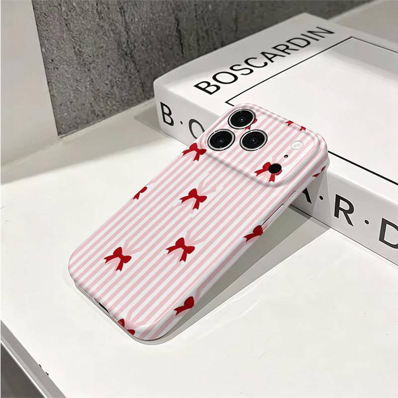 Precious Sweet Pink Striped Red Bow Pattern Film Aesthetic Protective Shockproof Bumper Phone Case For iPhone 13 14 15 16 17 Pro Max Plus
