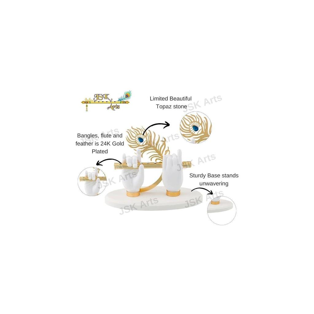 Gold Plated Krishna Ji Hand with Flute Figurine | 24K Gold Plated Lord Krishna Hand with White Resin Base