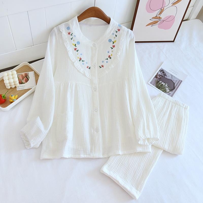 

Новый весенне-осенний женский пижамный комплект из 100% хлопкового крепа с вышивкой, домашний костюм с длинными рукавами и длинными брюками, тонкий комплект большого размера XL белый