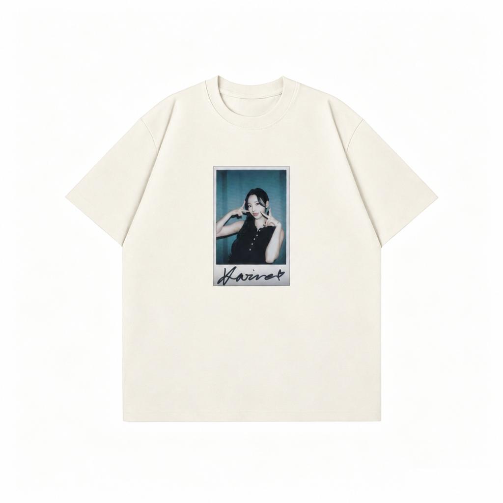 Korean Unisexs Tshirts Daily Polaroid Film Vibe Aesthetic Handwritten Signature Girl Portrait Print Unisex Crew Neck Tshirt