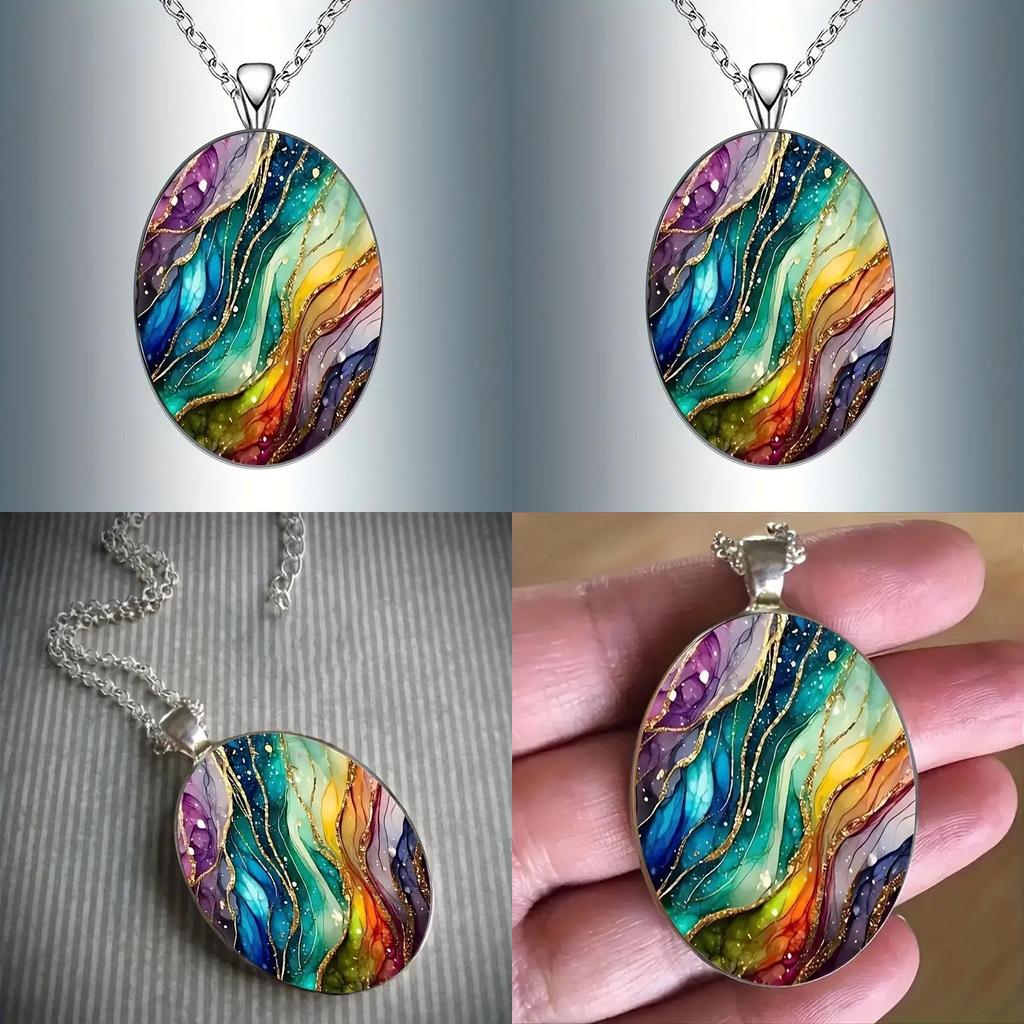 Unique Dreamlike Wave Glass Pendant Necklace With Zinc Alloy Chain For Gift Giving